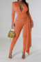 sexy plus size slight stretch solid color deep v neck pleated tight jumpsuit_Black_Pink_Orange