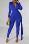 sexy plus size slight stretch solid color deep v neck pleated tight jumpsuit_Black_Pink_Orange_Blue