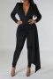sexy plus size slight stretch solid color deep v neck pleated tight jumpsuit_Black