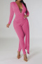 sexy plus size slight stretch solid color deep v neck pleated tight jumpsuit_Black_Pink