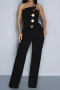 stylish plus size slight stretch solid color tube top button decor jumpsuit_Black
