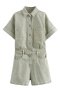 casual non-stretch denim 3 colors lapel playsuit_Light Green