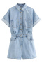 casual non-stretch denim 3 colors lapel playsuit_Light Green_Sky Blue