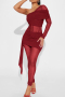 new high stretch 3-color patchwork mesh single shoulder long sleeve jumpsuits_Black_Rose Red