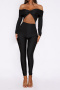 sexy slight stretch 6-colors solid color one-shoulder tight hollow jumpsuit_Black