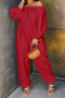casual plus size non-stretch solid color one-shoulder loose jumpsuit_Black_Red