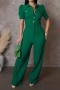 stylish plus size slight stretch 4 colors short sleeve single-breasted jumpsuit_Black_Magenta_Green