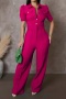 stylish plus size slight stretch 4 colors short sleeve single-breasted jumpsuit_Black_Magenta