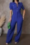 stylish plus size slight stretch 4 colors short sleeve single-breasted jumpsuit_Black_Magenta_Green_Blue
