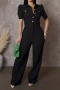 stylish plus size slight stretch 4 colors short sleeve single-breasted jumpsuit_Black