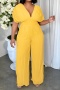 stylish plus size 3 colors non-stretch v-neck backless pleated jumpsuit_Magenta_Yellow