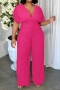stylish plus size 3 colors non-stretch v-neck backless pleated jumpsuit_Magenta