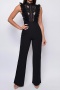 sexy plus size slight stretch stitching lace crew neck jumpsuit_Black