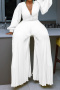 stylish plus size slight stretch 4 colors pearl v-neck loose pleated jumpsuit_Black_White
