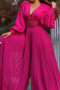 stylish plus size slight stretch 4 colors pearl v-neck loose pleated jumpsuit_Black_White_Magenta