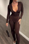 sexy slight stretch solid color tight zip-up knitted jumpsuit_Black_Green_Beige_Reddish Brown