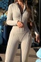 casual slight stretch crew neck zip-up jumpsuit_Dark Gray_Beige