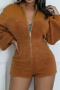 stylish plus size non-stretch polar fleece patchwork slim playsuit_Black_Brown