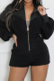 stylish plus size non-stretch polar fleece patchwork slim playsuit_Black