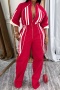 new stylish plus-size high stretch patchwork contrast dralon zip-up jumpsuits_Black_Red