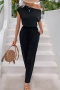 stylish non-stretch pure color oblique shoulder drawstring jumpsuit_Black