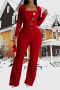 casual plus size non-stretch solid color button decor slim jumpsuit_Black_Red