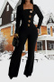 casual plus size non-stretch solid color button decor slim jumpsuit_Black