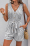 casual non-stretch stripe print 6 colors v-neck sleeveless with belt playsuit_Gray