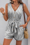casual non-stretch stripe print 3 colors v-neck sleeveless with belt playsuit_Dark Gray