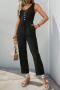 casual non-stretch 5 colors solid color crew neck button jumpsuit_Black
