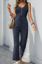 casual non-stretch 5 colors solid color crew neck button jumpsuit_Black_Dark Gray_Dark Green_Dark Blue