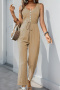 casual non-stretch 5 colors solid color crew neck button jumpsuit_Black_Dark Gray_Dark Green_Dark Blue_Khaki
