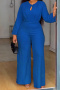 casual plus size slight stretch crew neck solid color jumpsuit_Pink_Blue