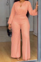 casual plus size slight stretch crew neck solid color jumpsuit_Pink