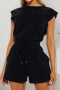 casual plus size slight stretch solid color drawstring playsuit_Black
