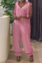 casual plus size non-stretch 4 colors solid color lace-up jumpsuit_White_Pink