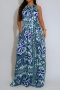 bohemian plus size slight stretch graphic print with belt halter-neck jumpsuit_Green_Blue