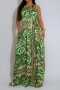 bohemian plus size slight stretch graphic print with belt halter-neck jumpsuit_Green