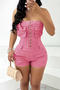 stylish plus size slight stretch tube top single breasted slim denim playsuit_Pink