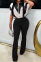 casual plus size slight stretch contrast color short sleeve jumpsuit_Black