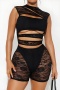 sexy slight stretch see through lace stitching hollow out playsuit_Black