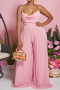 sexy plus size non-stretch 4 colors pleated jumpsuit_White_Pink