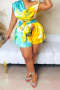 stylish plus size slight stretch graphic printing oblique shoulder playsuit_Red_Yellow
