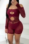sexy high stretch hollow out fishnet off shoulder long sleeve skinny playsuit_Black_Rose Red