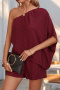 casual non-stretch solid color one-shoulder wrinkle fabric playsuit_Black_Rose Red