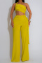 sexy plus size slight stretch large backless shirring wide leg jumpsuit_Black_Yellow