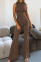 casual slight stretch solid color sleeveless slim flare jumpsuit_Black_Gray_Brown