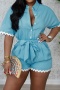 casual plus size non-stretch 5 colors turndown collar with belt playsuit_Black_Pink_Sky Blue