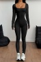 stylish slight stretch pure color square collar skinny jumpsuit_Black