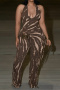 casual plus size slight stretch zebra print halter neck tassel decor jumpsuit_Gray_Brown